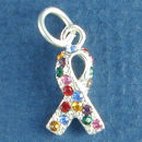 Awareness Ribbon for Autism with Multi Color Swarovski Crystal Sterling Silver Charm Pendant