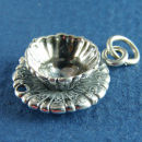 Tea or Coffee Cup and Saucer With Scalloped Design 3D Sterling Silver Charm Pendant