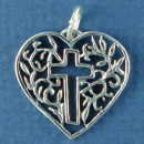 Heart with Filagree Design and Cut Out Cross Sterling Silver Charm Pendant