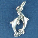 Dolphins Two Jumping 3D Sterling Silver Charm Pendant