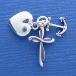 Faith, Hope and Charity with Cross Heart and Anchor as 3D Sterling Silver Charm Pendants