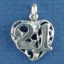 Number 21 on Filagee Heart Sterling Silver Charm Pendant