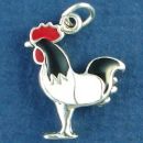 Rooster Sterling Silver Charm Pendant 3D Chicken with Black, White and Red Enamel