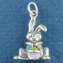 Bunny Rabit Hare with Multi Color Enamel Easter Basket Sterling Silver Charm Pendant