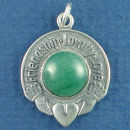 Claddaugh with Green Stone and Word Phrase Friendship, Loyalty and Love Sterling silver Charm Pendant