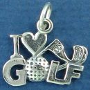 Golf, I love with Heart, Golf Ball, Clubs and 18th Hole Pin Sterling Silver Charm Pendant