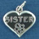 Sister Word Phrase on Sterling Silver Heart Charm Pendant with Flower Accent