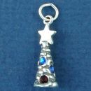Christmas Tree with Star on Top and Multi Color Crystal Ornaments Accent 3D Sterling Silver Charm Pendant