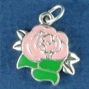 Flower Rose Bud with Pink and Green Enamel Sterling Silver Charm Pendant