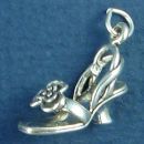 Ladies Sling Back High Heel Sandal Shoe with Flower Accent 3D Sterling Silver Charm Pendant