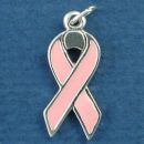 Awareness Ribbon Charm with Pink Enamel Sterling Silver Charm for Breast Cancer