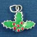 Christmas Holly Leaf with Green and Red Enamel Berry Accents 3D Sterling Silver Charm Pendant