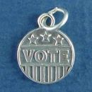 Political Disk with Vote Word Phrase and Stars and Stripes Flag Design Sterling Silver Charm Pendant