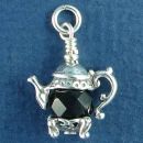 Tea Pot with Black Crystal Sterling Silver Charm Pendant