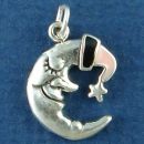 Moon: Man in Moon Sleeping with Black and Pink Enamel Night Cap Sterling Silver Charm