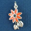 Flower with Orange and Black Enamel Accents Sterling Silver Charm Pendant