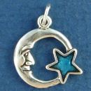 Crescent Man in the Moon with Blue Enamel Star Sterling Silver Charm Pendant