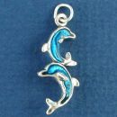 Two Dolphins doing Flips with Blue Enamel Accents 3D Sterling Silver Charm Pendant