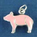 Pig or Hog with Pink Enamel Accents 3D Sterling Silver Charm Pendant