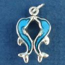 Two Kissing Dolphins with Blue Enamel Accents 3D Sterling Silver Charm Pendant