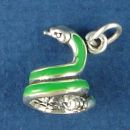 Snake Coiled with Green Enamel 3D Sterling Silver Charm Pendant