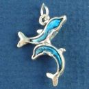 Two Jumping Dolphins with Blue Enamel Accents Sterling Silver Charm Pendant