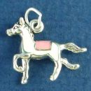 Horse Trotting with White and Pink Enamel Accents 3D Sterling Silver Charm Pendant