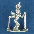 Snow Skiing Guardian Angel with Skis and Poles 3D Sterling Silver Charm Pendant