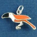 Tropical Bird with Black, Orange and White Enamel Accents 3D Sterling Silver Charm Pendant