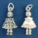 Girl in Party Dress with Pink and White Enamel Accents 3D Sterling Silver Charm Pendant
