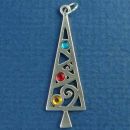 Christmas Tree with Crystal Ornament Accents Sterling Silver Charm Pendant