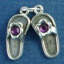 Ladies Pair of Beach Sandal Shoes with Flower and Purple Crystal Accent 3D Sterling Silver Charm Pendant