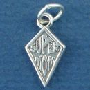 Mom, Super Word Phrase in Diamond Shaped Logo Sterling Silver Charm Pendant