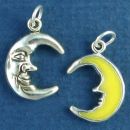 Cresent Man in the Moon with Yellow Enamel Sterling Silver Charm Pendant