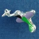 Humming Bird with Green, Purple and Black Enamel 3D Sterling Silver Charm Pendant