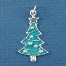 Christmas Tree with Green Enamel Sterling Silver Charm Pendant