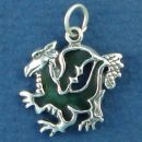 Dragon Sterling Silver Charm Double Sided with Green Enamel, Chinese Style Pendant