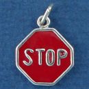 Stop Sign Symbol Sterling Silver Charm Pendant with Red Enamel Accent