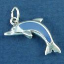 Dolphin Jumping Sterling Silver 3D with Blue Enamel Charm Pendant