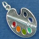 Artist Palette and Paint Brush with Multi Colored Enamel Accents Sterling Silver Charm Pendant