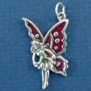 Fairy Flying with Purple Enamel Wing Accents Sterling Silver Charm Pendant