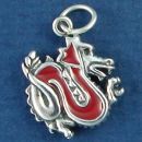 Dragon Chinese Style Double Sided with Red Enamel Sterling Silver Charm Pendant