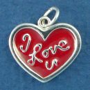 Heart with I Love You Word Phrase Sterling Silver and Red Enamel Charm Pendant
