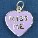 Heart and Kiss Me Word Phrase with Purple Enamel Sterling Silver Charm Pendant