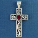 Cross with Ivy Design and Red Crystal Accent Sterling Silver Pendant