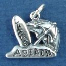 Life's A Beach Word Phrase with Surfboard and Umbrella Sterling Silver Charm Pendant
