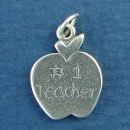 School: Apple with #1 Teacher Word Phrase Sterling Silver Charm Pendant