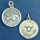 Zodiac Taurus Disk with Word Phrase Trustworthy Sterling Silver Charm Pendant