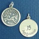 Zodiac Capricorn Disk with Word Phrase Ambitious Sterling Silver Charm Pendant