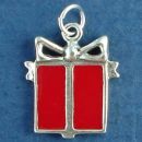 Christmas Present with Red Enamel Sterling Silver Charm Pendant